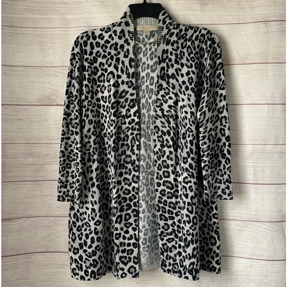 Laura Ashley Black Gray Leopard Print Cardigan Sweater Open Front Size L